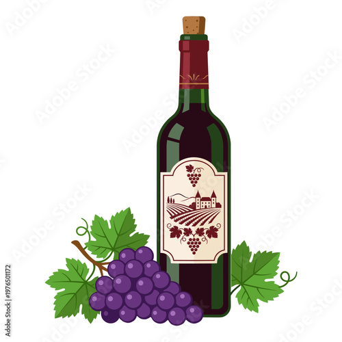 A wine bottle with grapes and leaves, celebrating the taste of a fine vintage