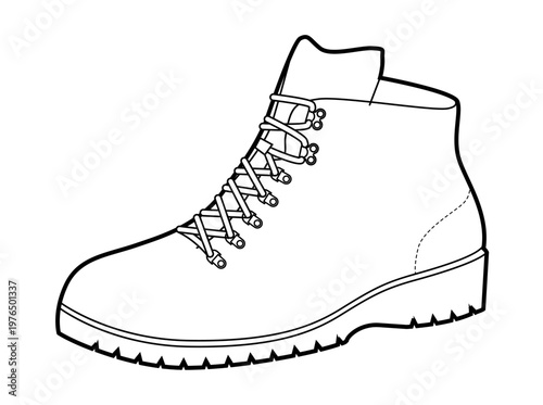 Light hiking boot women single line. Clean lace utility boot for weekend walk park trail and city commute. Technical fashion illustration CAD mockup clean vector man unisex isolated modern style.