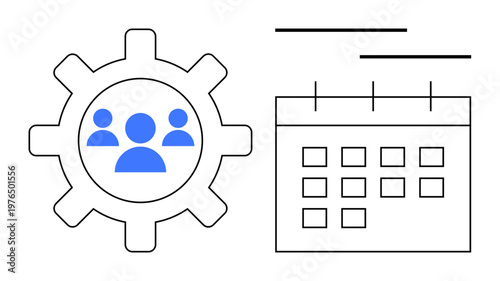 Teamwork, project management, scheduling, team collaboration, productivity, organization. Gear with group icon and calendar. Team collaboration and scheduling for better productivity