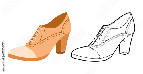 Oxford pump women beige heel flat plus line set. Lace up brogue inspired dress footwear for workday, heritage look. Technical illustration, CAD mockup, mixed vector men unisex isolated chic style.