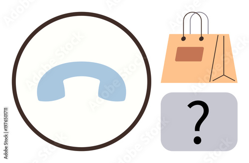 Customer service, online shopping, communication, decision-making, problem-solving, retail business. A phone symbol, a shopping bag and a question mark. Customer service and online shopping concept