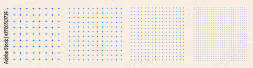 Square grid collection dot star geometry, four samples blueprint style. Node point lattice structure, interface layouts editorial compositions planning sheets dashboards digital technology graphics.
