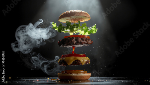 Dynamic deconstructed burger components suspended with dramatic spotlight and smoke