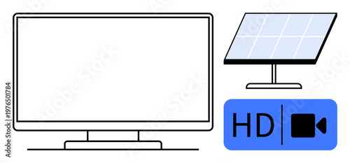 Technology, renewable energy, media streaming, sustainable innovation, visual communication, eco-friendly solutions. Computer monitor, solar panel HD video icon. Technology and renewable energy