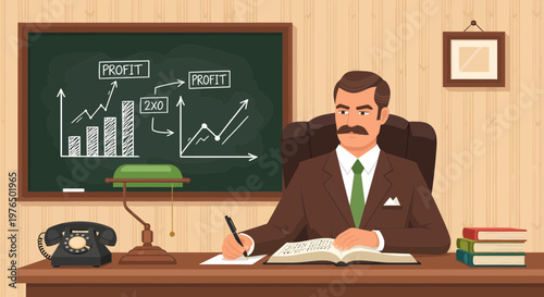 Businessman working diligently at his desk with charts on blackboard.