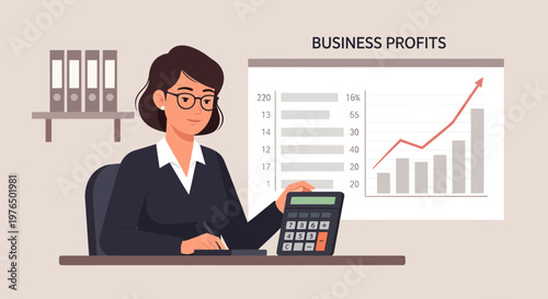 Businesswoman calculating profits with calculator and graph.