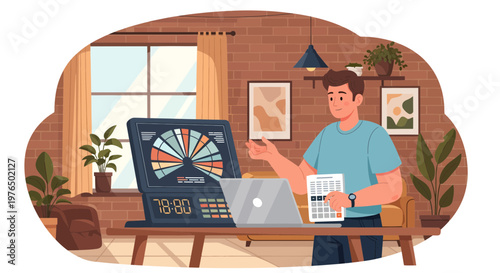Man playing darts on laptop screen at home.