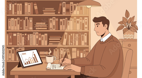 Man working diligently at a desk with a tablet and coffee.