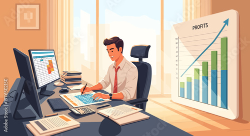 Man working diligently at his desk with computer and tablet.