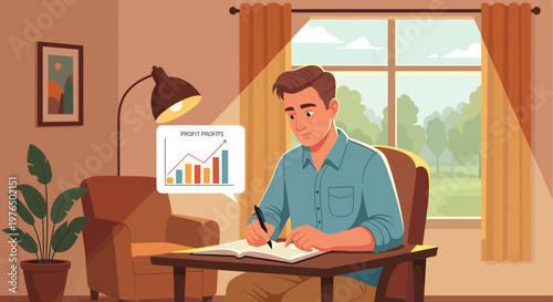 Man working diligently at his desk with a chart showing growth.