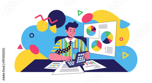 Man working diligently at his desk with charts and laptop.