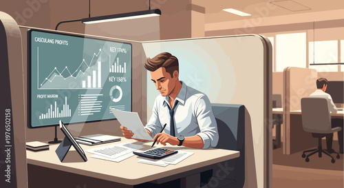 Man working diligently in modern office cubicle analyzing financial data.