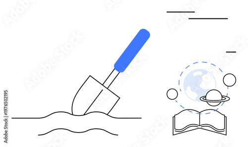 Exploration, education, knowledge transfer, innovation, science, progress. A digging shovel in soil and a book with planetary elements. Exploration and education as symbolic