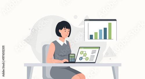 Woman working on laptop with financial charts and calculator.