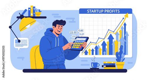 Young man calculating startup profits on tablet with growth chart.