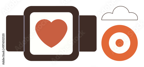 Health tracking, fitness monitoring, wellness goals, wearable technology, lifestyle improvement, digital health. Smartwatch a heart, cloud symbol and target graphic. Health tracking and fitness
