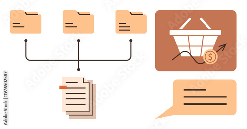 Data management, e-commerce, digital analytics, file organization, information flow, communication systems. Folders connected to documents, shopping cart and message box. Data management