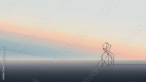 Minimal Sunset Landscape With Silhouette Sculpture On Horizon.