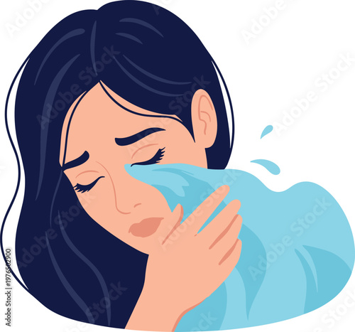 A woman crying and holding an ice pack on her cheek for pain relief on transparent background