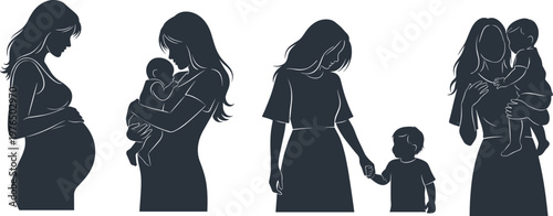 A series of silhouettes depicting the journey of motherhood on transparent background