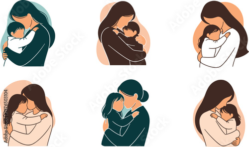 A mother tenderly holding her baby in various loving poses on transparent background