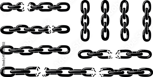 A collection of black chain links on transparent background