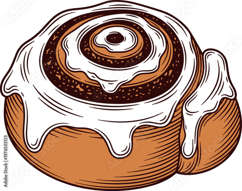 A delicious cinnamon roll with white icing on transparent background