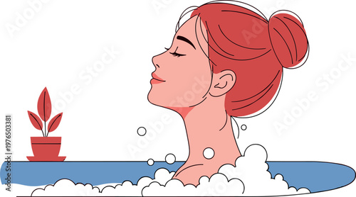 A serene woman relaxing in a bathtub with bubbles on transparent background
