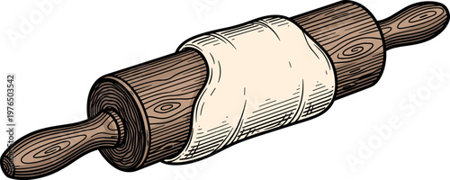 A wooden rolling pin with dough on transparent background