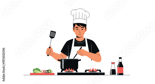 A chef cooking in a kitchen with a pot on the stove on transparent background