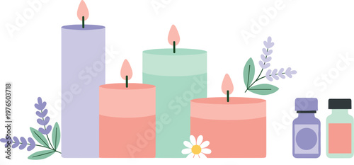 A serene arrangement of colorful candles and essential oils on transparent background