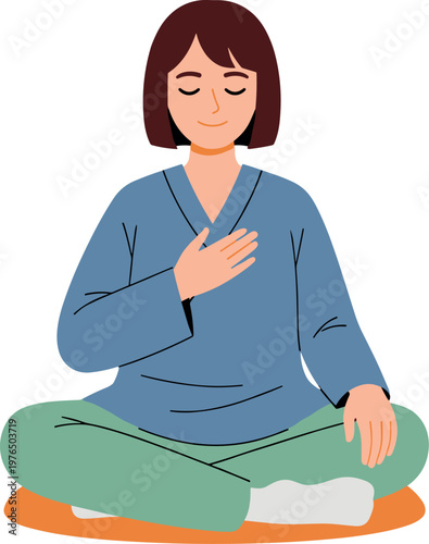 A serene woman meditating in a peaceful setting on transparent background