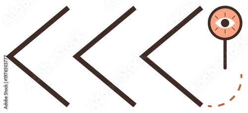 Navigation, vision, observation, direction, tracking, analysis. Series of arrows pointing right with a dotted line leading to an eye. Navigation and vision concepts