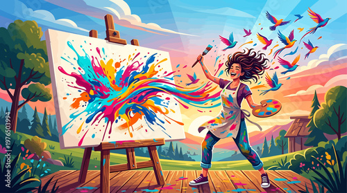 Vibrant artist woman creating abstract art with colorful paint splashes in a serene outdoor setting with birds flying around her