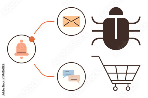 Cybersecurity, online threats, malware, e-commerce, digital communication, notifications. Bug icon, shopping cart message bubble and bell notification. Cybersecurity and online threats concept