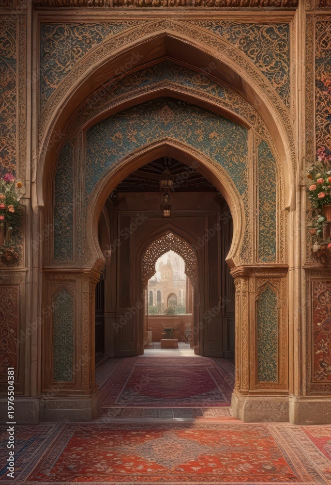 Obraz premium Intricate floral motifs and arches blend together in a stunning Islamic-inspired design , arabic calligraphy,