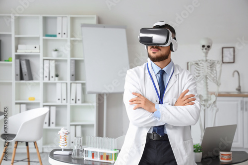 Male doctor in VR glasses a...