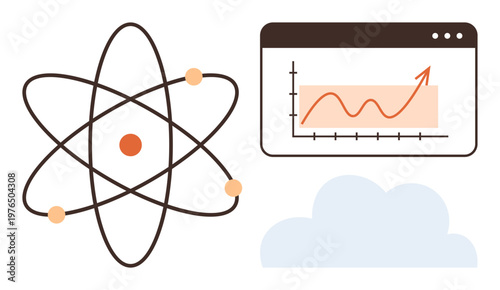 Science, data analysis, technology, research, data visualization, innovation. Atom symbol, upward trend graph cloud shape. Science and data analysis visualization concept