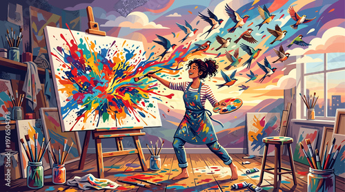 Vibrant Artistic Expression A Creatress Amidst Color Explosion Painting Vivid Imagination on Canvas Featuring Flourishing Birds and Bright Hues Within an Art Atelier.