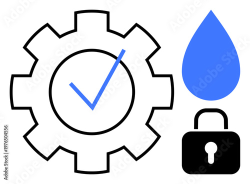 Business solutions, systems security, data protection, reliability, water management, IT concepts. A cogwheel with a checkmark, water droplet and a lock. Security and business solutions