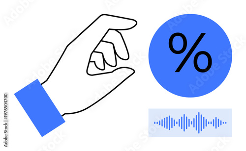Data interaction concept. A hand gesture near a percentage symbol and a sound wave icon highlights data interaction, calculations, and communication. Data-driven innovation, technology, business