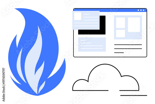 Data storage, internet usage, security, cloud networking, web development, online infrastructure. Blue flame, web browser layout and cloud icon. Security and cloud networking concept