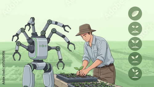 Farmer and Robot Collaborate in Advanced Agriculture Technology.