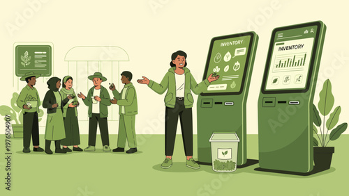 Diverse group of people interacting with modern technology kiosks.