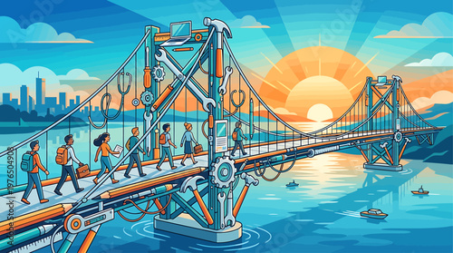 Vibrant suspension bridge with people walking at sunset city skyline in the distance boats on water urban landscape scene with orange and blue hues.