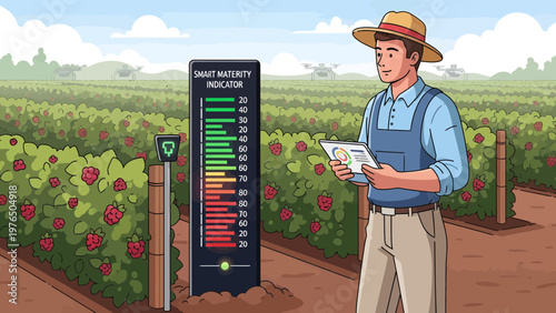 Farmer checking soil moisture meter in a field.