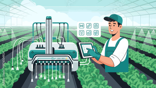 Farmer controlling advanced agricultural robot in greenhouse.