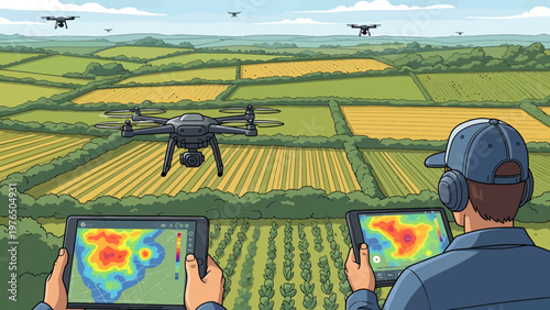 Farmer controlling drones with tablet for precision agriculture.