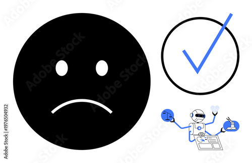 Emotion analysis, decision-making, AI usage, robotics, scientific research, and technology development. A sad face, a checkmark and an AI robot with research tools. Emotion analysis