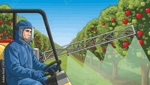 Farmer in protective suit spraying apple orchard with agricultural equipment.